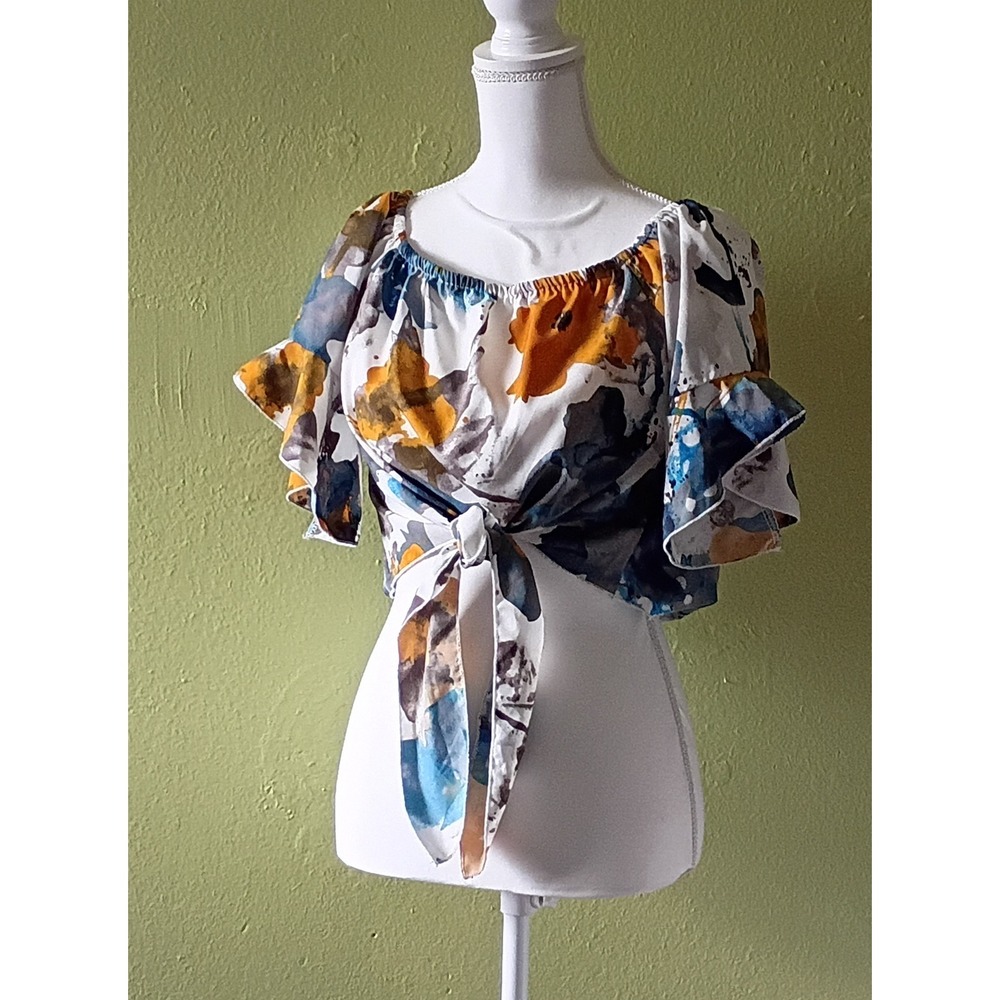Coquette Bohemian Floral Chiffon Tie Front Crop Artsy Top Blouse Womens M Medium